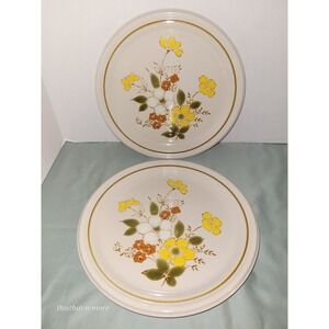 Vintage Stoneware Dinner Plate "Spring Song" Set Of 2~Yellow Flowers DeVille EUC